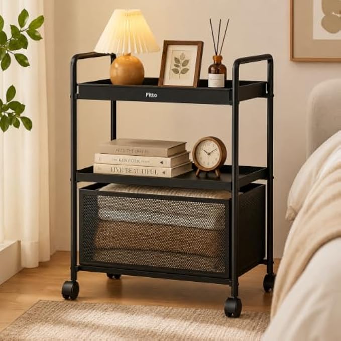 72 Pieces 3 Tier Multifunctional Storage Racks (Rolling Organizer Shelf with Wheels for Kitchen – Bathroom – Bedroom and Living Room – Black and Wood)