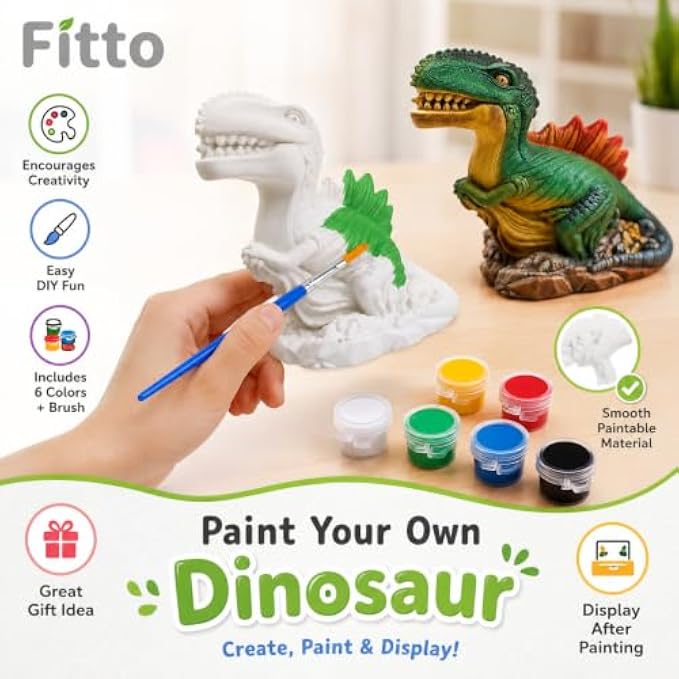 96 Pieces DIY Dinosaur Painting Kits with White Coloring Model (6 Paint Pots and Brush – 17 x 16.5 cm – Assorted Colors)