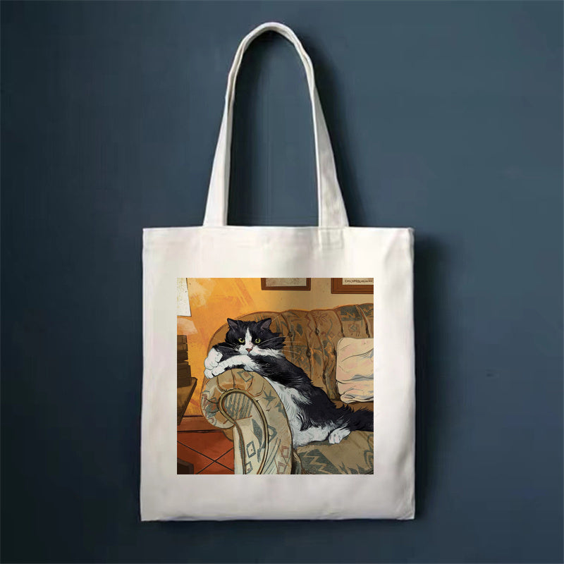 Eco-Friendly White Cat Tote Bag - Sustainable Cotton Reusable Shopping Bag