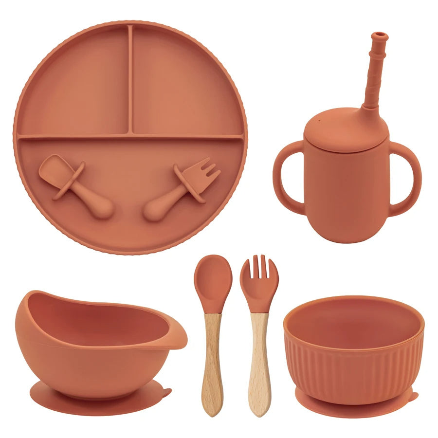 Eco-Friendly Pink Children's Dinnerware Set - Silicone & Wood