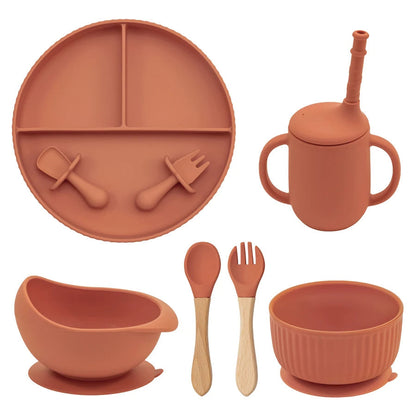 Eco-Friendly Pink Children's Dinnerware Set - Silicone & Wood