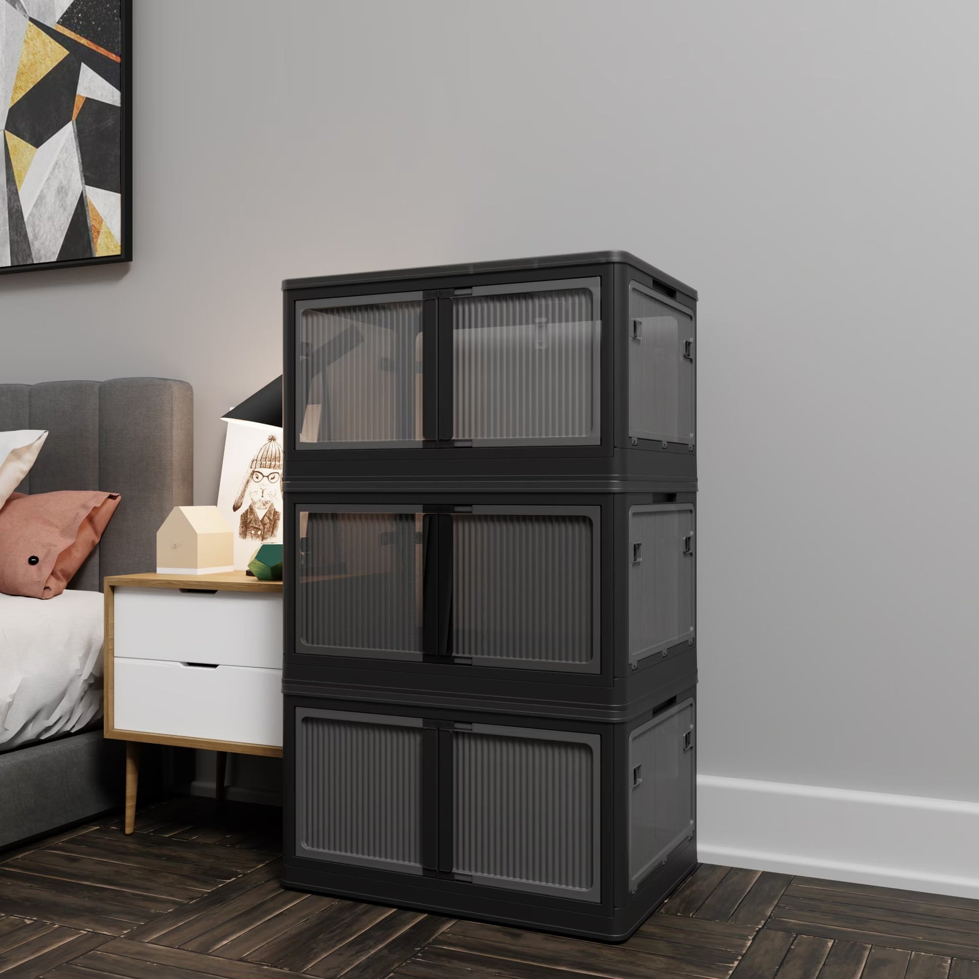 Stackable Black Storage Box with Transparent Panels