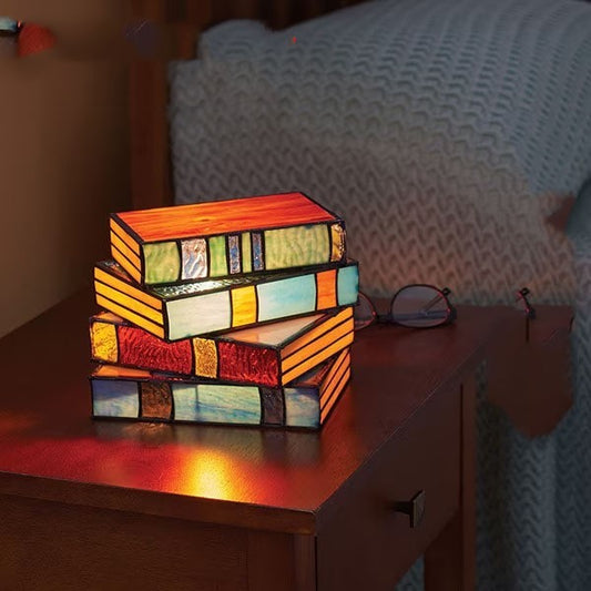 Multicolored Stained Glass Book Lamp on a Table