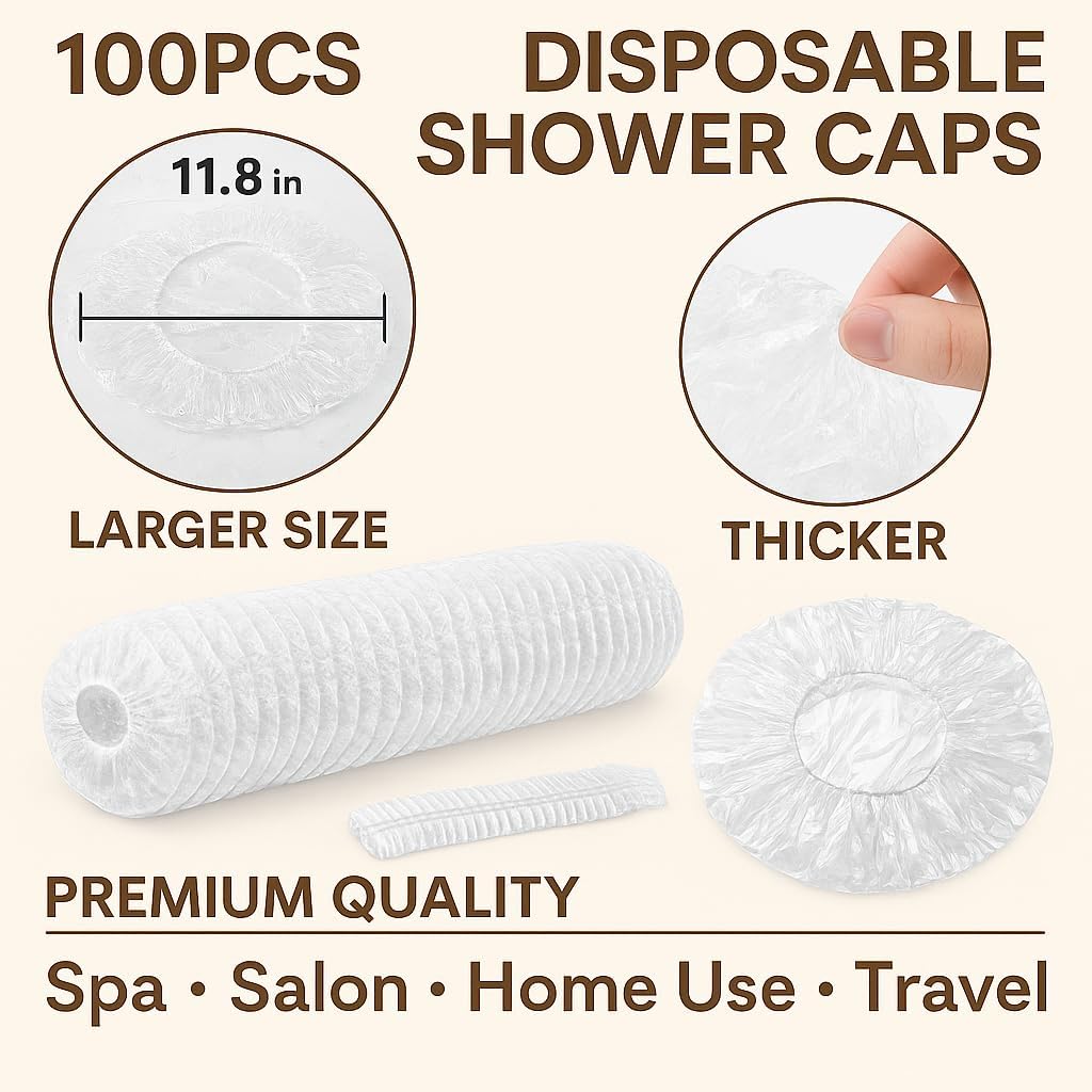 120 Pieces 100PCS Disposable Shower Caps (Larger & Thicker Waterproof Elastic Hair Bath Cap – Premium Quality for Spa – Salon – Home Use – Travel – Protects Hair from Water & Moisture)