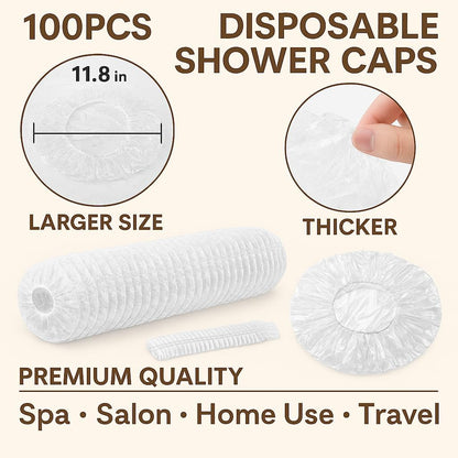 100PCS Disposable Shower Caps, Larger & Thicker Waterproof Elastic Hair Bath Cap, Premium Quality for Spa, Salon, Home Use, Travel, Protects Hair from Water & Moisture