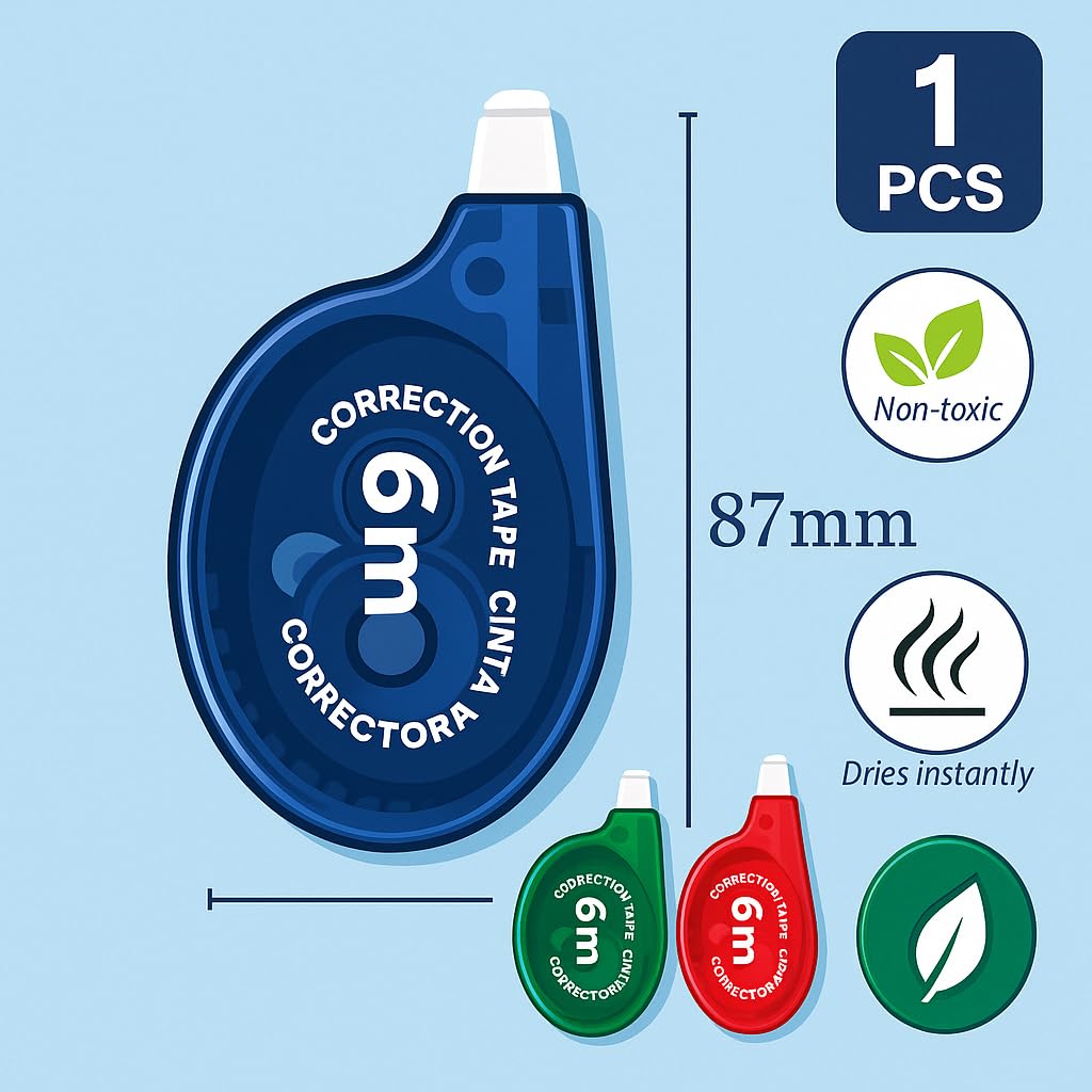 144 Pieces Correction Tape 6m White Tapes (8.7cm Assorted Colors)