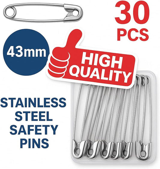 30 Pieces Stainless Steel Safety Pins, 43mm