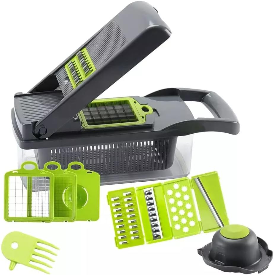 Fitto Vegetable Chopper - Multi-Functional Manual Food Chopper with 5 Blades, 12-in-1 Mandoline Slicer and Dicer Set, BPA-Free, Ideal for Onions, Garlic, Fruits & More - Kitchen Essential