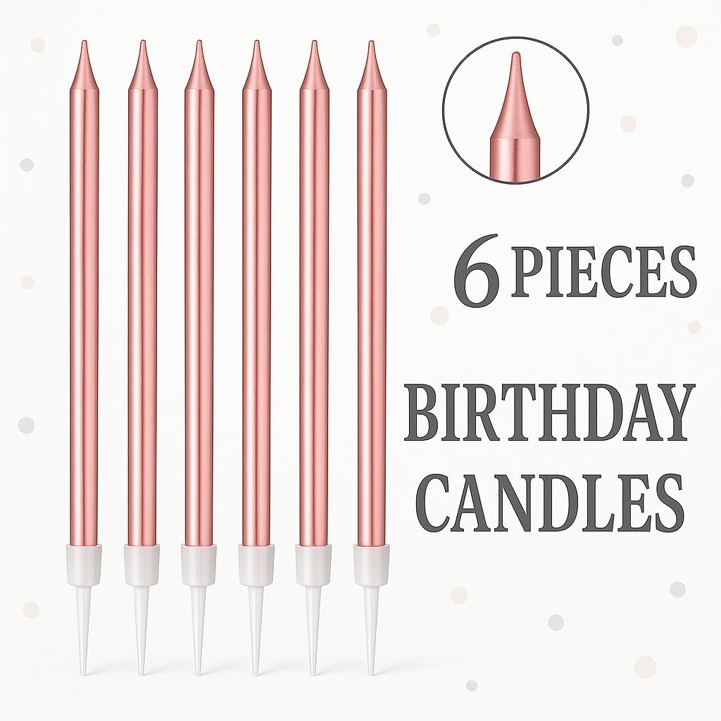 6Pcs Long Thin Birthday Candles for Cake with Stand, Pink – Cake Decorations, Party Supplies, Cake Toppers, 13cm
