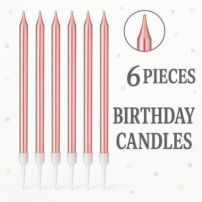 6Pcs Long Thin Birthday Candles for Cake with Stand, Pink – Cake Decorations, Party Supplies, Cake Toppers, 13cm