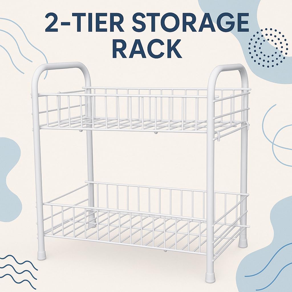 2-Tier Fruit and Vegetable Rack, Metal Wire Kitchen Storage, Modern Decorative Storage Basket, Compact Organizer for Fruits & Veggies, Durable and Easy to Clean, White