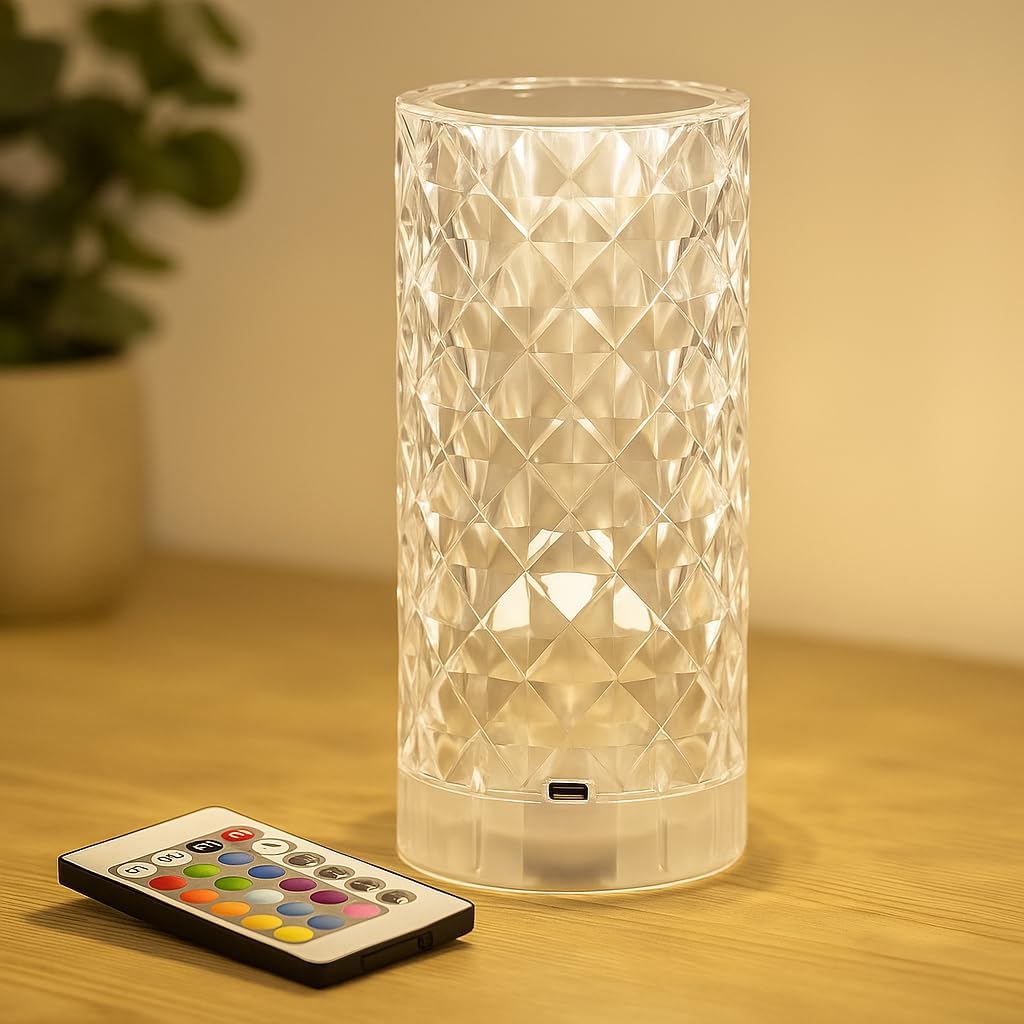 96 Pieces Crystal Diamond Desk Lamp - 16 Color Changing LEDs (USB Rechargeable – Touch Control – Decorative Night Light for Home – Bedroom – Office – Ambient Lighting - Elegant Modern Design)