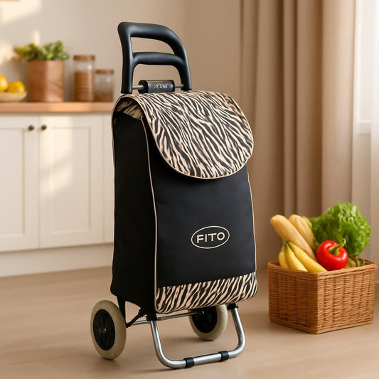 Fancy Black Leopard Shopping Trolley with Wheels, 36L Carbon Steel
