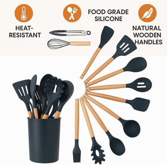 GROUP 12pcs Kitchen Utensils Set, Heat Resistant Set, Kitchen Accessories for Non-Sticky Pans, Home Cooking Utensils, Super Kitchen Silicone Spatula Stuff - Grey