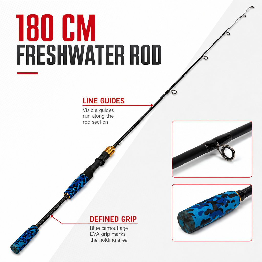 48 Pieces Fishing Rods (180 cm – Lightweight Freshwater Rod with Line Guides and Blue Camouflage EVA Grip for Lakes and Rivers)