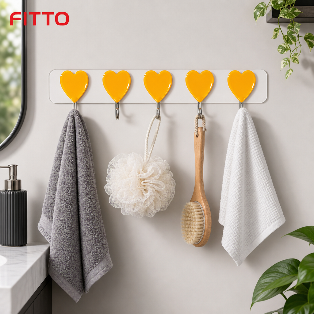 120 Pieces Heart-Shaped Adhesive Hook Racks (5 Hooks – 33 cm Long – Wall-Mounted Organizer for Bathroom and Home)