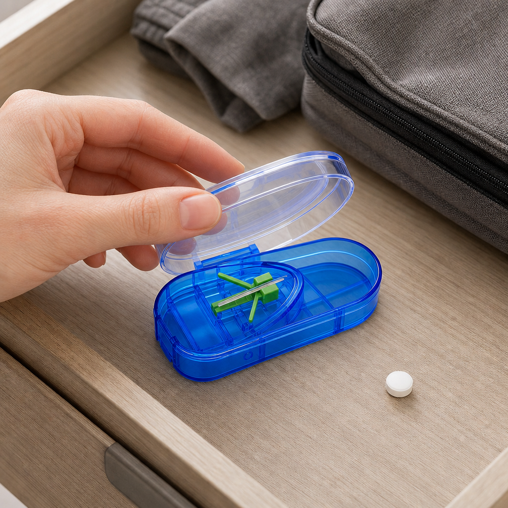 120 Pieces Blue Pill Cutters with Storage Compartment (Compact Tablet Divider)
