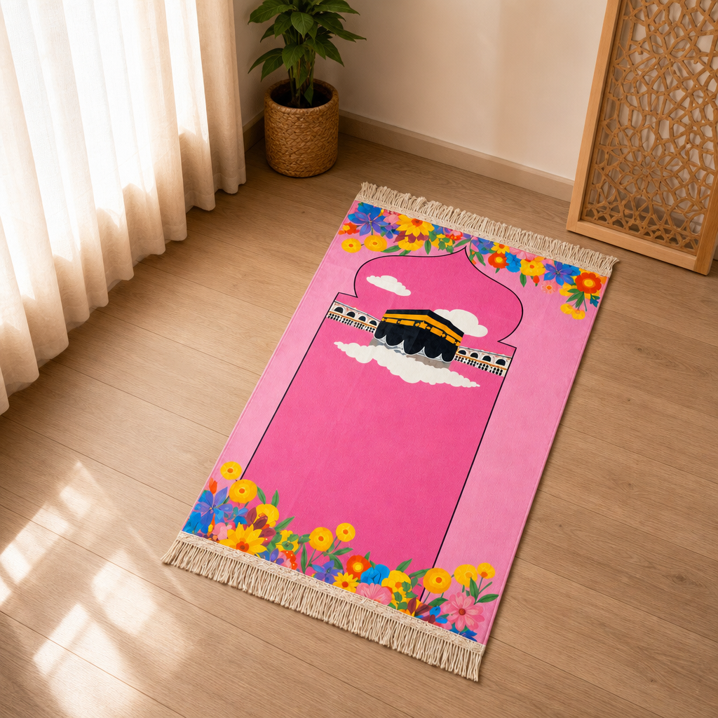 96 Pieces Pink Floral Prayer Mats (91 x 49 cm – Fringed Edges)