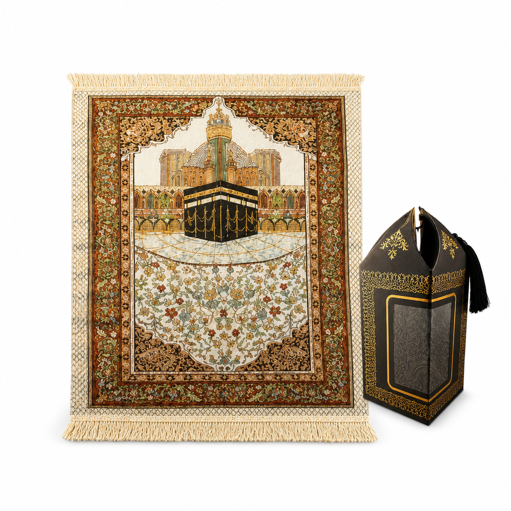 96 Pieces Prayer Mats (Beige Kaaba Design with Black Carry Bag – 108 x 73 cm)
