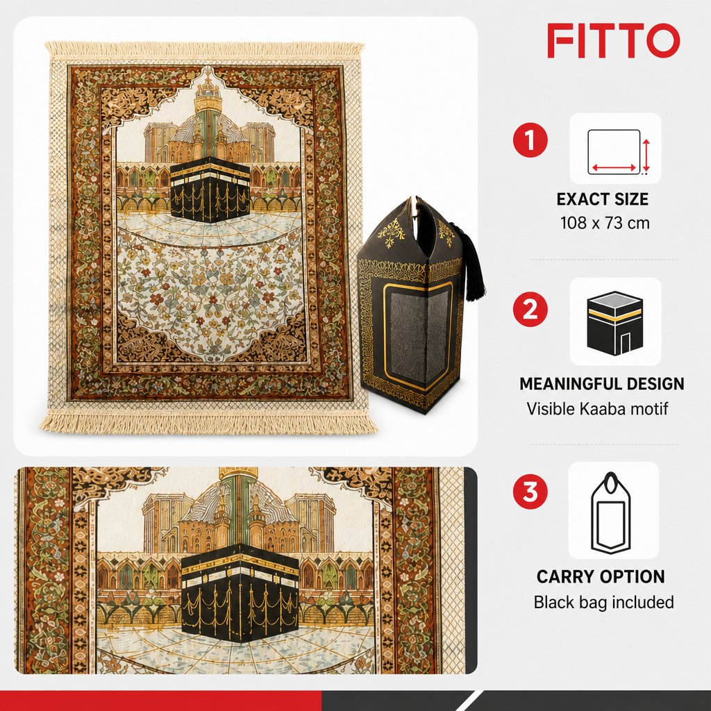 96 Pieces Prayer Mats (Beige Kaaba Design with Black Carry Bag – 108 x 73 cm)