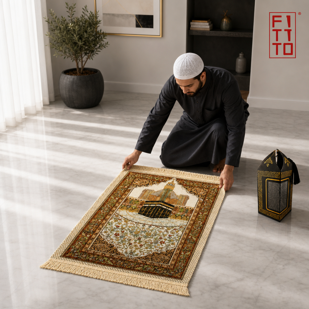 96 Pieces Prayer Mats (Beige Kaaba Design with Black Carry Bag – 108 x 73 cm)