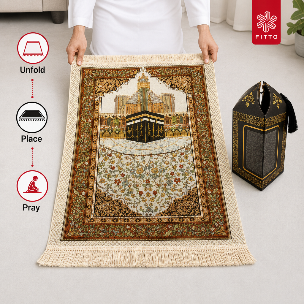 96 Pieces Prayer Mats (Beige Kaaba Design with Black Carry Bag – 108 x 73 cm)