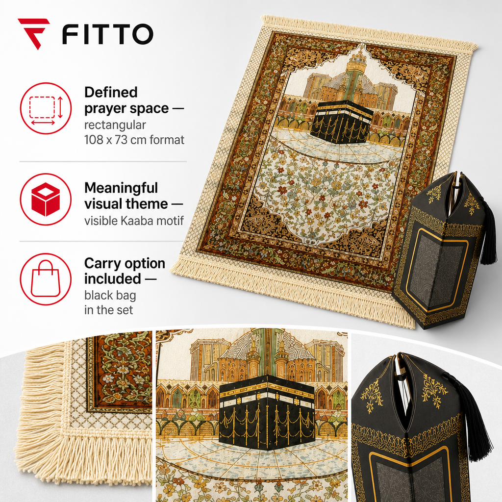 96 Pieces Prayer Mats (Beige Kaaba Design with Black Carry Bag – 108 x 73 cm)