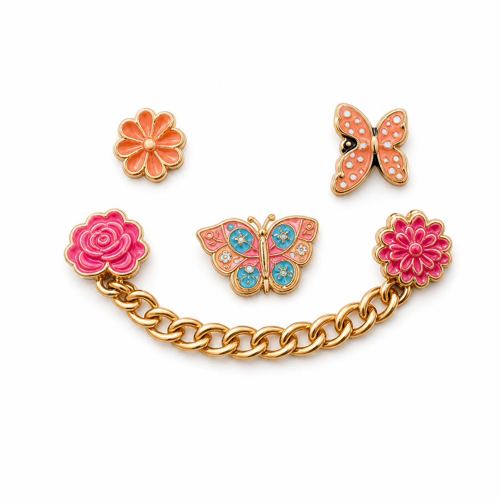 120 Pieces Shoe Charm Sets (Pink and Gold Floral Charms with Decorative Chain – 6 Pieces)