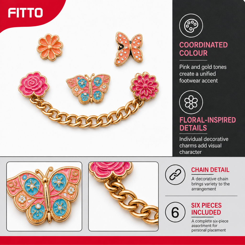120 Pieces Shoe Charm Sets (Pink and Gold Floral Charms with Decorative Chain – 6 Pieces)