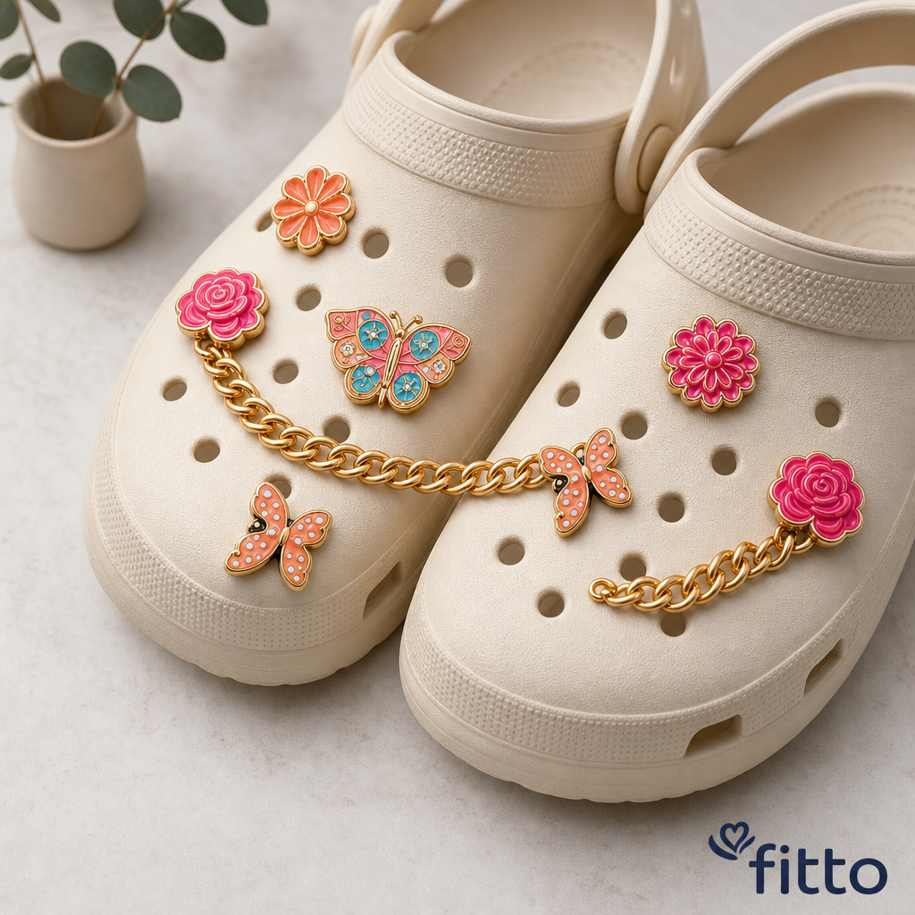 120 Pieces Shoe Charm Sets (Pink and Gold Floral Charms with Decorative Chain – 6 Pieces)