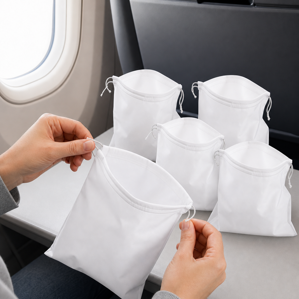 96 Pieces White Travel Vomit Bags (5 Pack – Drawstring Closure for Travel Use)