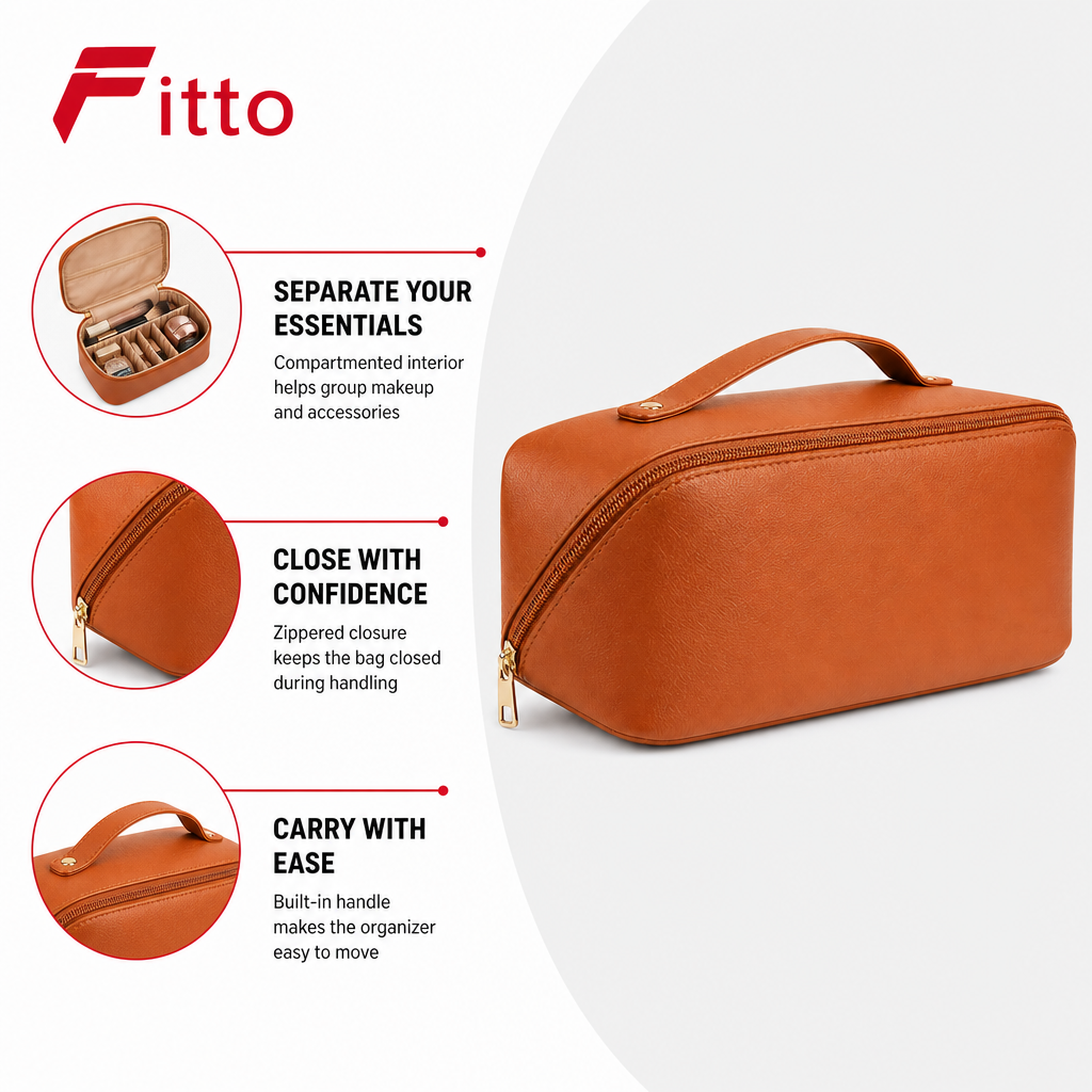 96 Pieces Makeup Bags with Compartments (Brown Cosmetic Organizer with Zipper Closure and Carry Handle)