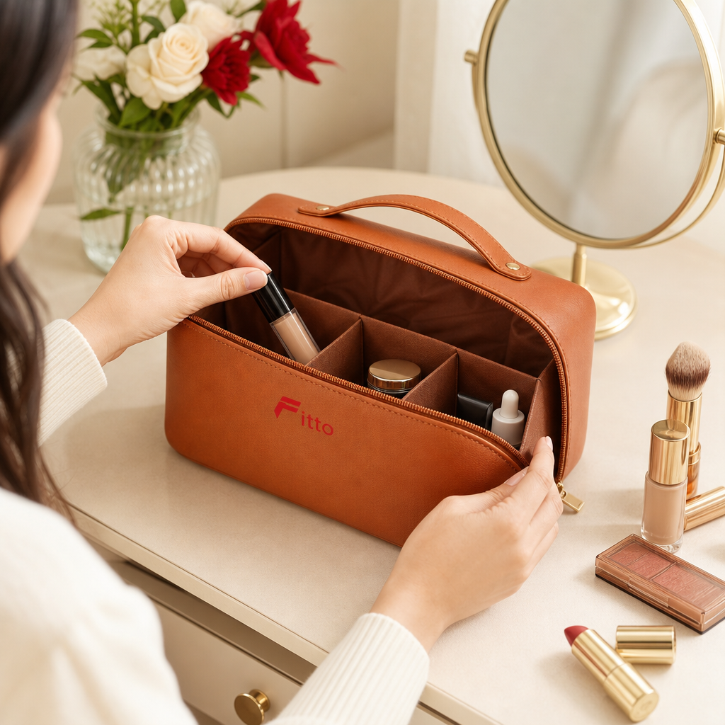 96 Pieces Makeup Bags with Compartments (Brown Cosmetic Organizer with Zipper Closure and Carry Handle)