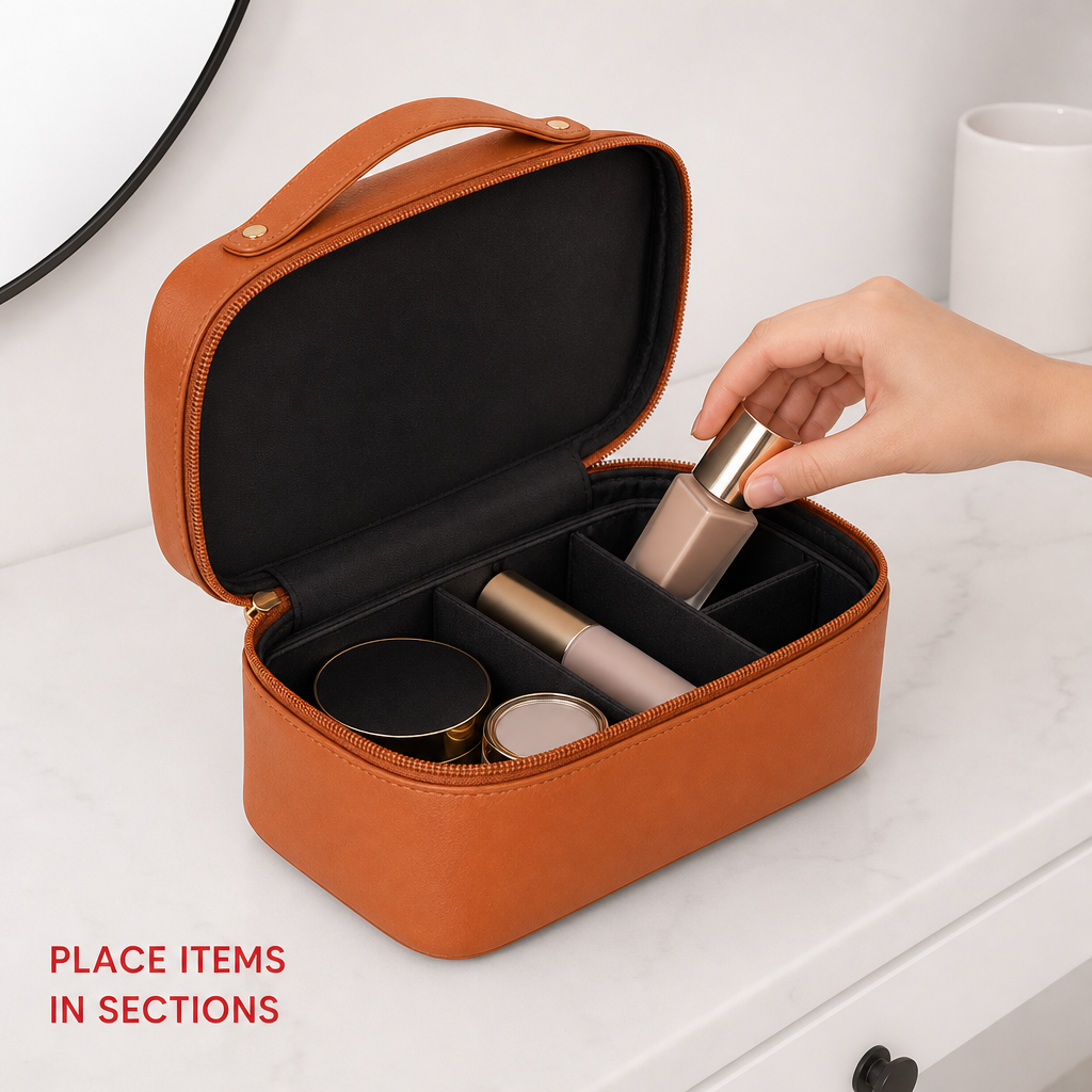 96 Pieces Makeup Bags with Compartments (Brown Cosmetic Organizer with Zipper Closure and Carry Handle)