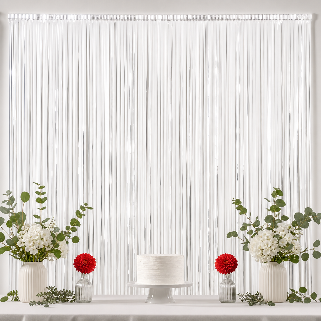 144 Pieces White Foil Fringe Curtains (1 Piece Party Backdrop Decoration)