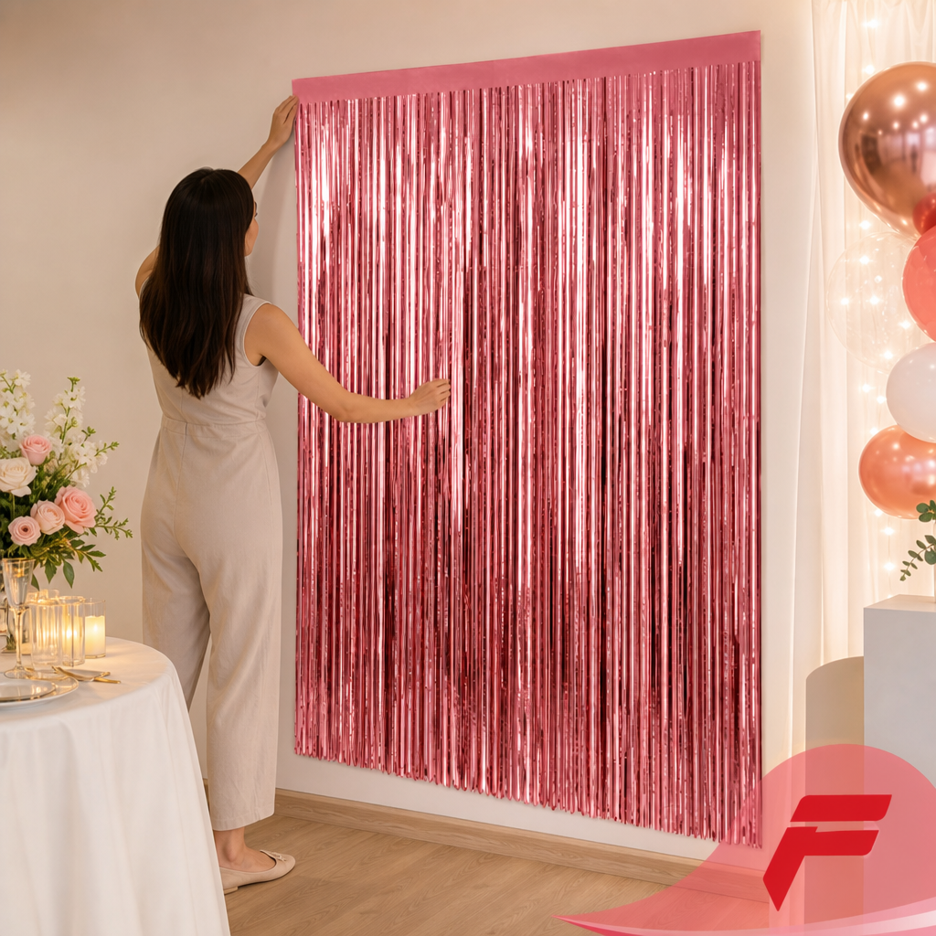 144 Pieces Pink Foil Fringe Curtain Party Backdrops (Metallic Streamer Decoration)