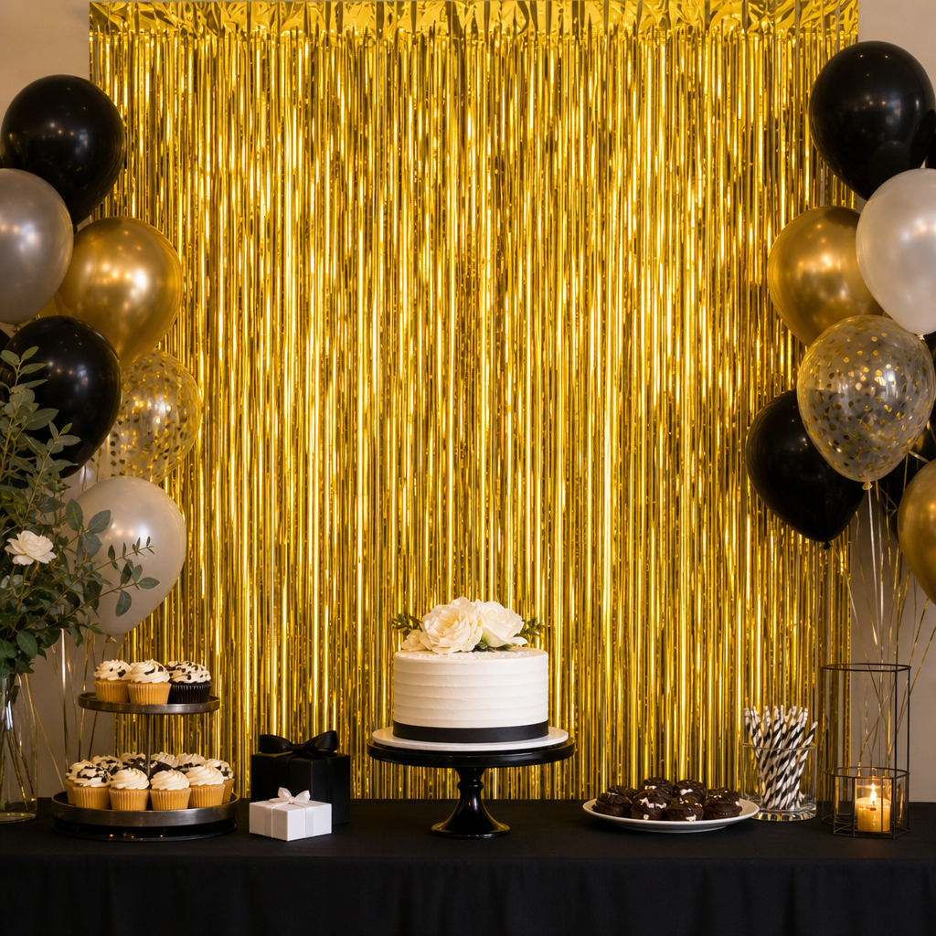 144 Pieces Gold Foil Fringe Curtains (Party Backdrop Decoration)