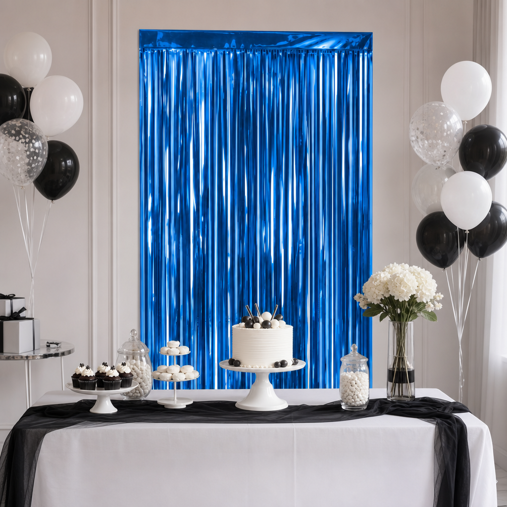 144 Pieces Blue Foil Fringe Curtains (Metallic Streamer Backdrop Decoration for Party Events)