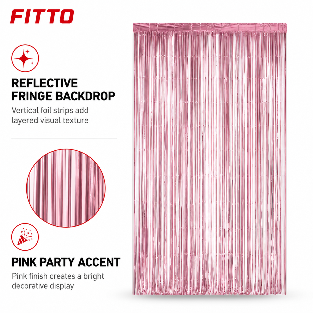 144 Pieces Pink Foil Fringe Curtains (Reflective Party Backdrop Decoration)