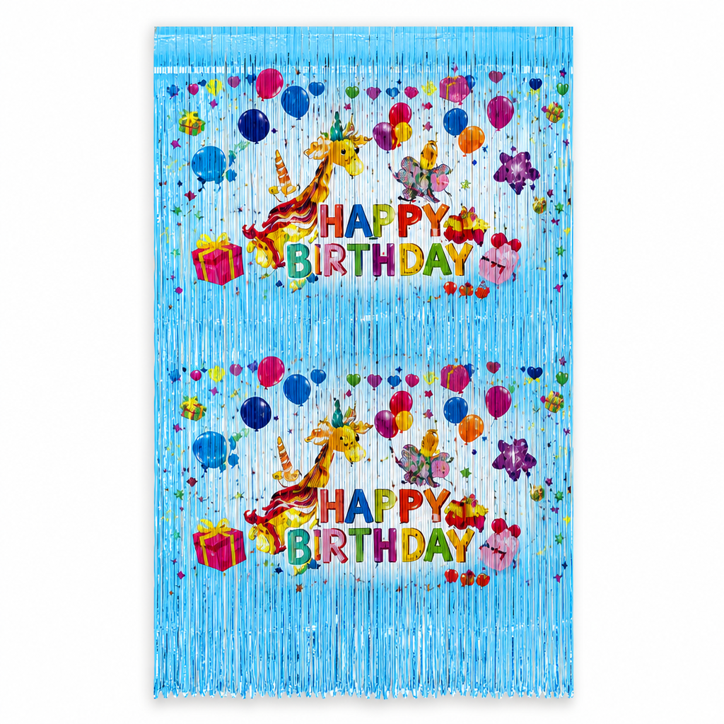 144 Pieces Happy Birthday Foil Fringe Curtains (Blue – 1 Piece Party Backdrop Decoration)
