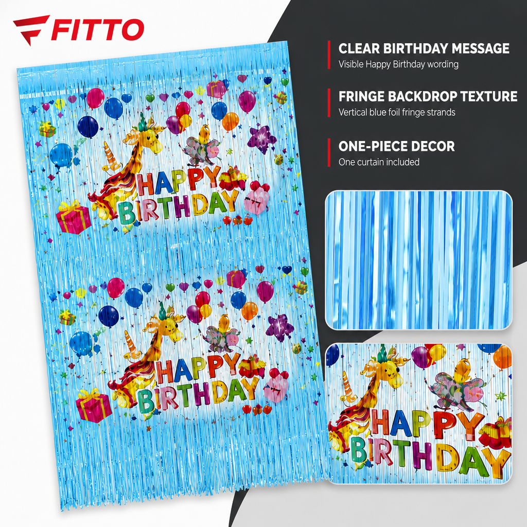 144 Pieces Happy Birthday Foil Fringe Curtains (Blue – 1 Piece Party Backdrop Decoration)