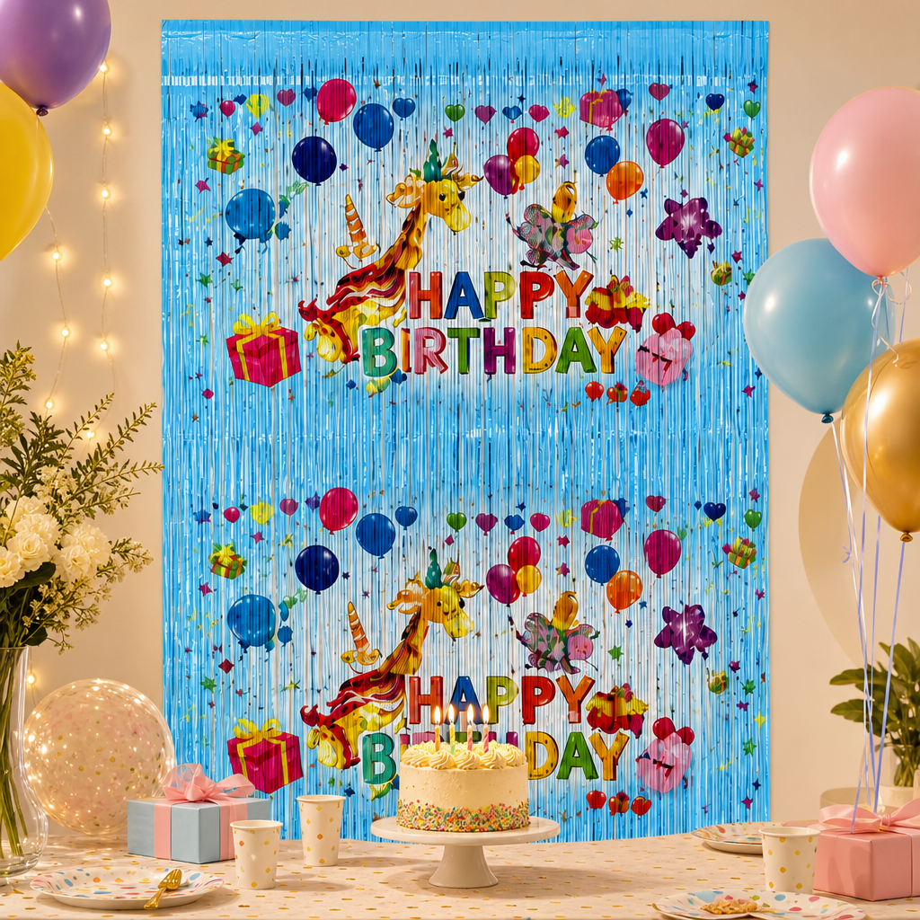 144 Pieces Happy Birthday Foil Fringe Curtains (Blue – 1 Piece Party Backdrop Decoration)