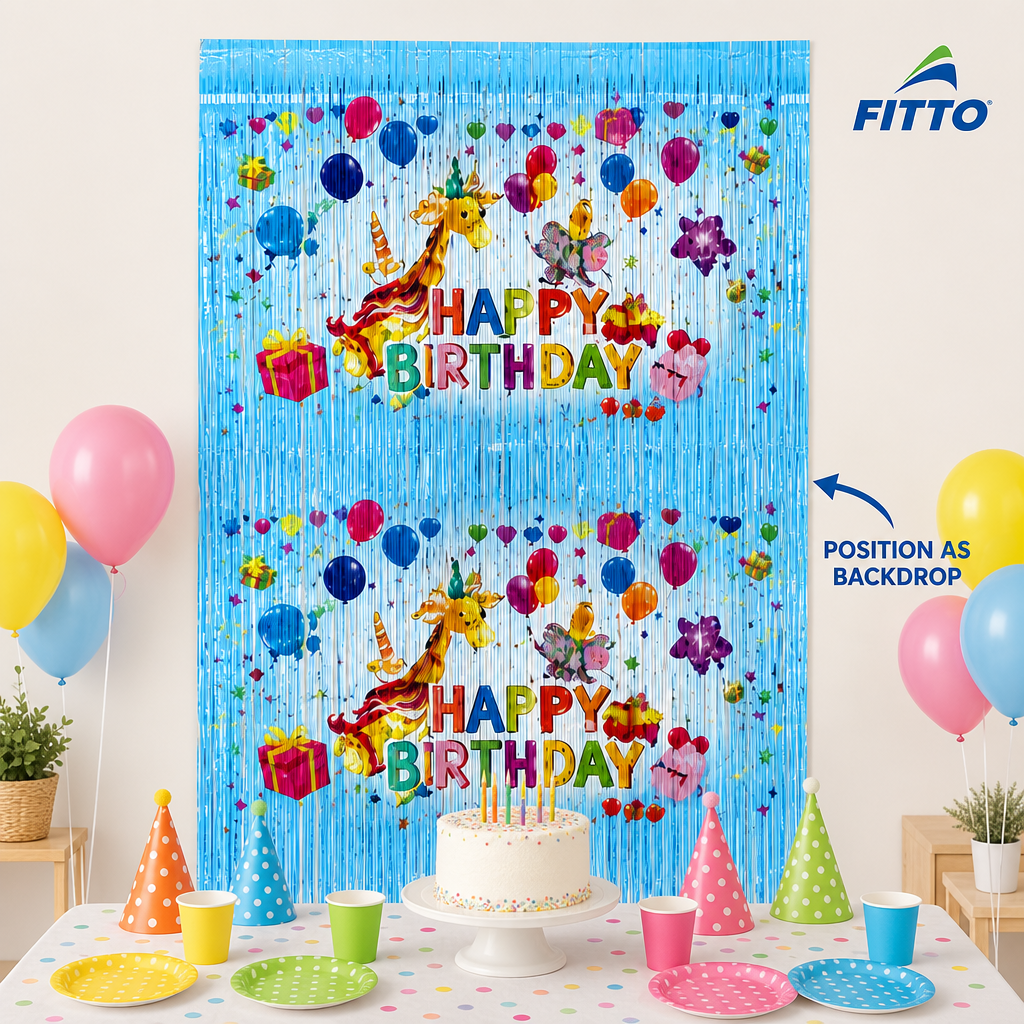 144 Pieces Happy Birthday Foil Fringe Curtains (Blue – 1 Piece Party Backdrop Decoration)