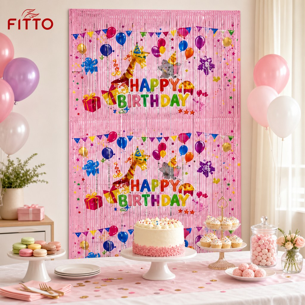 144 Pieces Pink Happy Birthday Foil Curtains (1 Piece Party Decoration)
