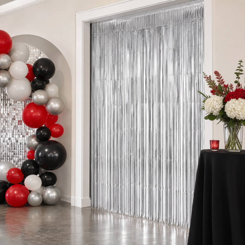144 Pieces Silver Foil Door Curtains (1 Piece Party Decoration for Event Backdrops)