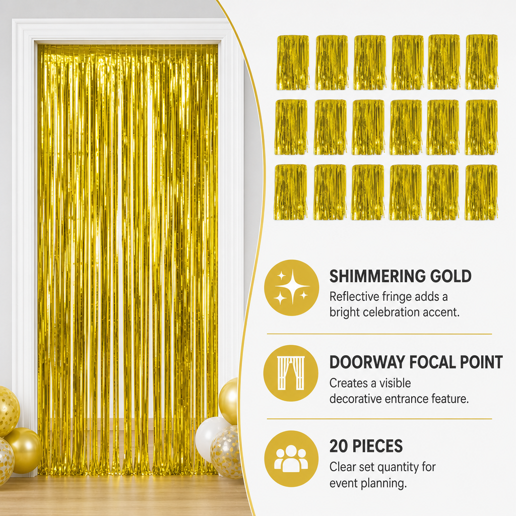 120 Pieces Gold Foil Door Curtains (20-Piece Party Decoration for Doorways – Celebration Backdrop and Event Entrance Styling)