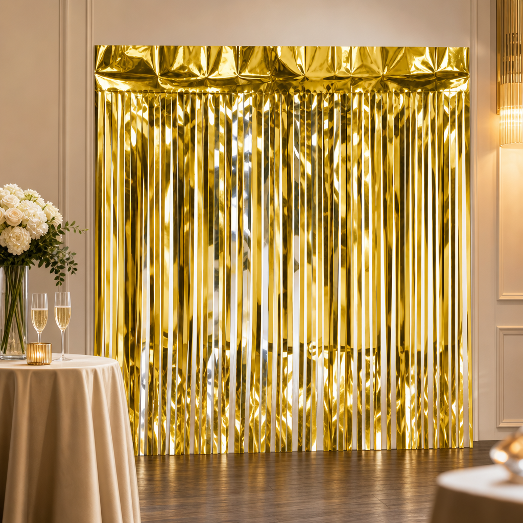 120 Pieces Gold Foil Tassel Curtain Banners (1 Piece Party Backdrop Decoration for Celebrations – Photo Booths and Event Displays)