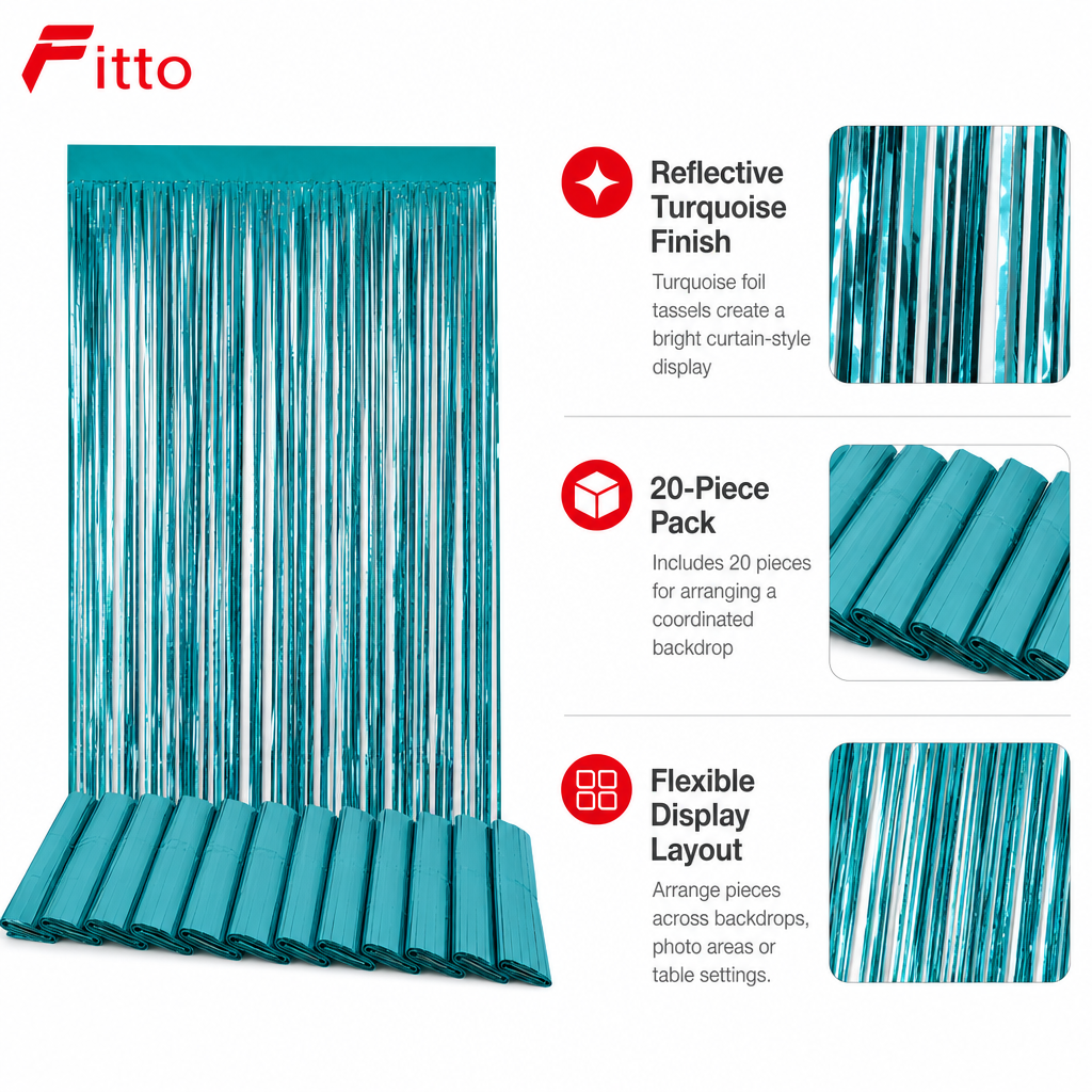 120 Pieces Turquoise Tassel Foil Curtain Banners (20-Piece Party Backdrop Decoration)