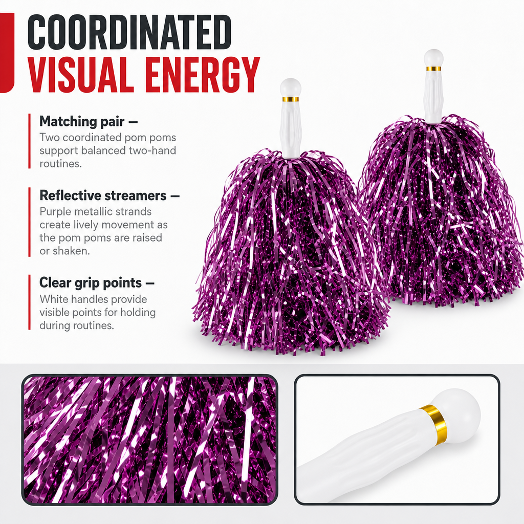 240 Pieces Purple Cheerleading Pom Poms (Metallic Streamers with White Handles – 1 Pair)