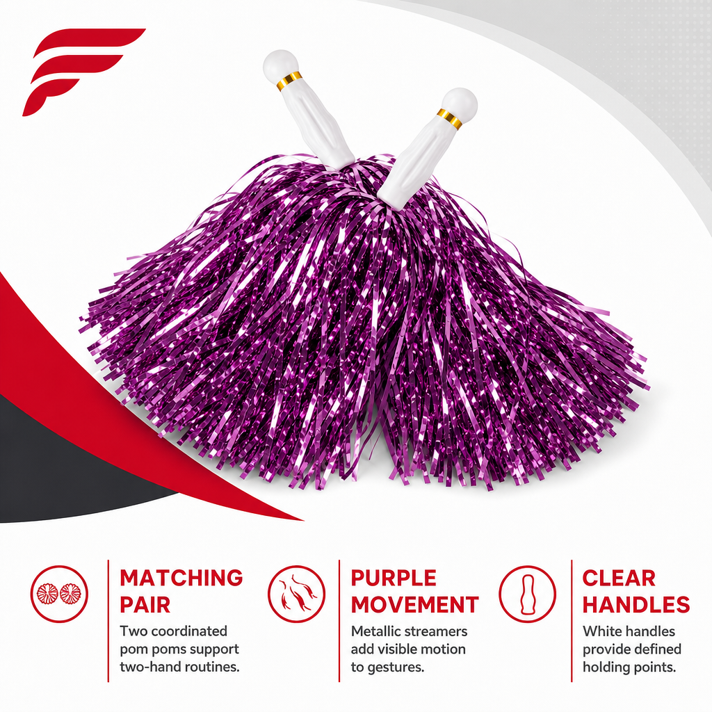 240 Pieces Purple Cheerleading Pom Poms (Metallic Streamers with White Handles – 1 Pair)
